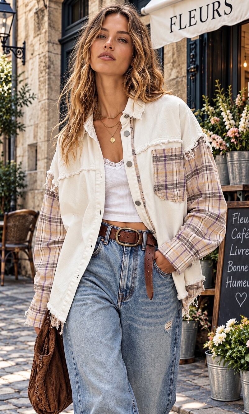 Blue B Boho Plaid Mixed-Media Distressed Shacket Shirt Jacket Medium